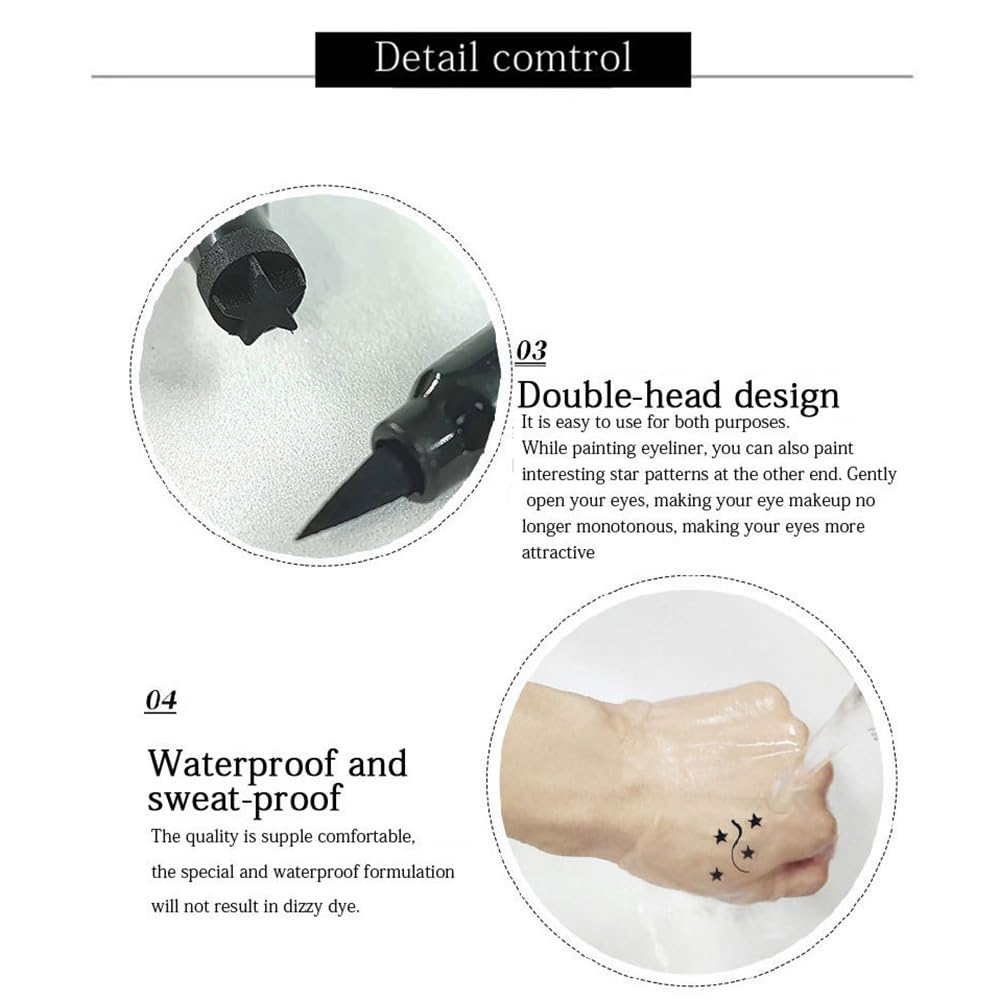 Dulele 5 PCS Black Liquid Eyeliner Stamp Pen Set, Double-Headed Waterproof Smudge-Proof Eyeliner Long Lasting Eyeliner Pen Tattoo Makeup Tool(Heart,Flower,Star,Butterfly,Triangle Seal Stamp)