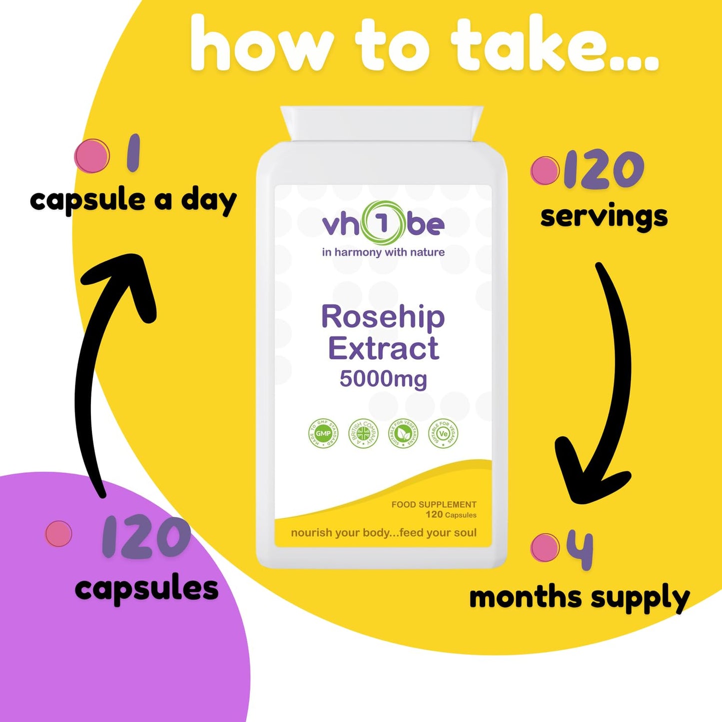 vh1be Rosehip Extract Supplements, 5000mg, 120 Capsules, 4 Months' Supply, with Rosacanina and Vitamin C, Supports Bones, Cartilage and Collagen Formation, Non-GMO, Gluten-Free, UK Made to GMP Standards