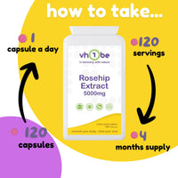 vh1be Rosehip Extract Supplements, 5000mg, 120 Capsules, 4 Months' Supply, with Rosacanina and Vitamin C, Supports Bones, Cartilage and Collagen Formation, Non-GMO, Gluten-Free, UK Made to GMP Standards