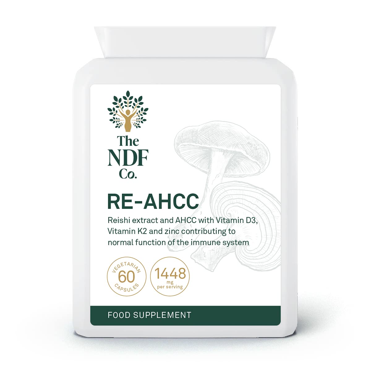 The NDF Company RE-AHCC - 5 in 1 Supplement with Reishi Extract , AHCC, Zinc, Vitamin D and K, 60 Count (Pack of 1)