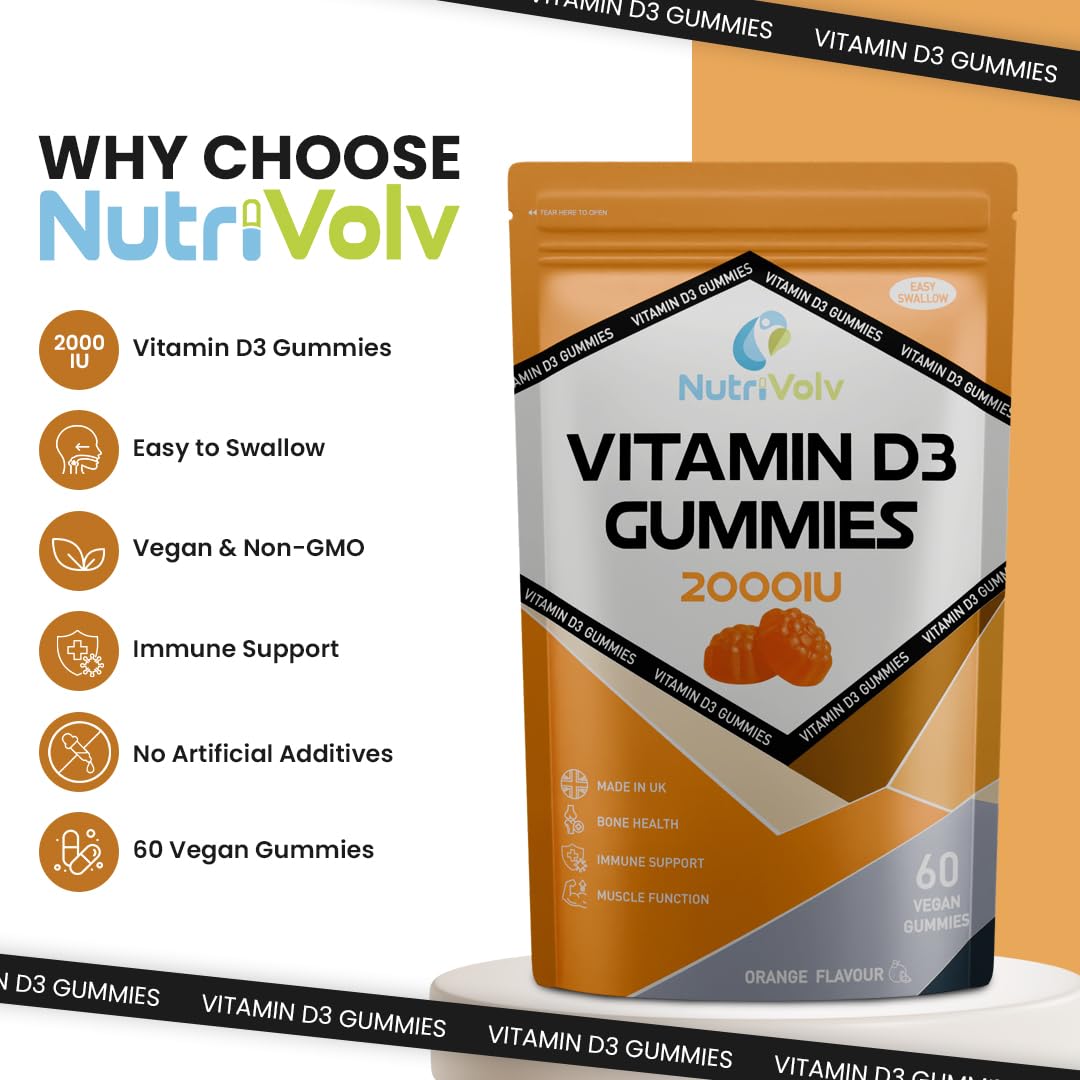 Vitamin D3 Gummies 2000 IU | 60 Chewable Vitamin D Gummies | Vegetarian | Gluten-Free | Sugar Free | Non-GMO | Orange Flavour | High Strength Vitamin D Supplement | Immune Support | by NutriVolv