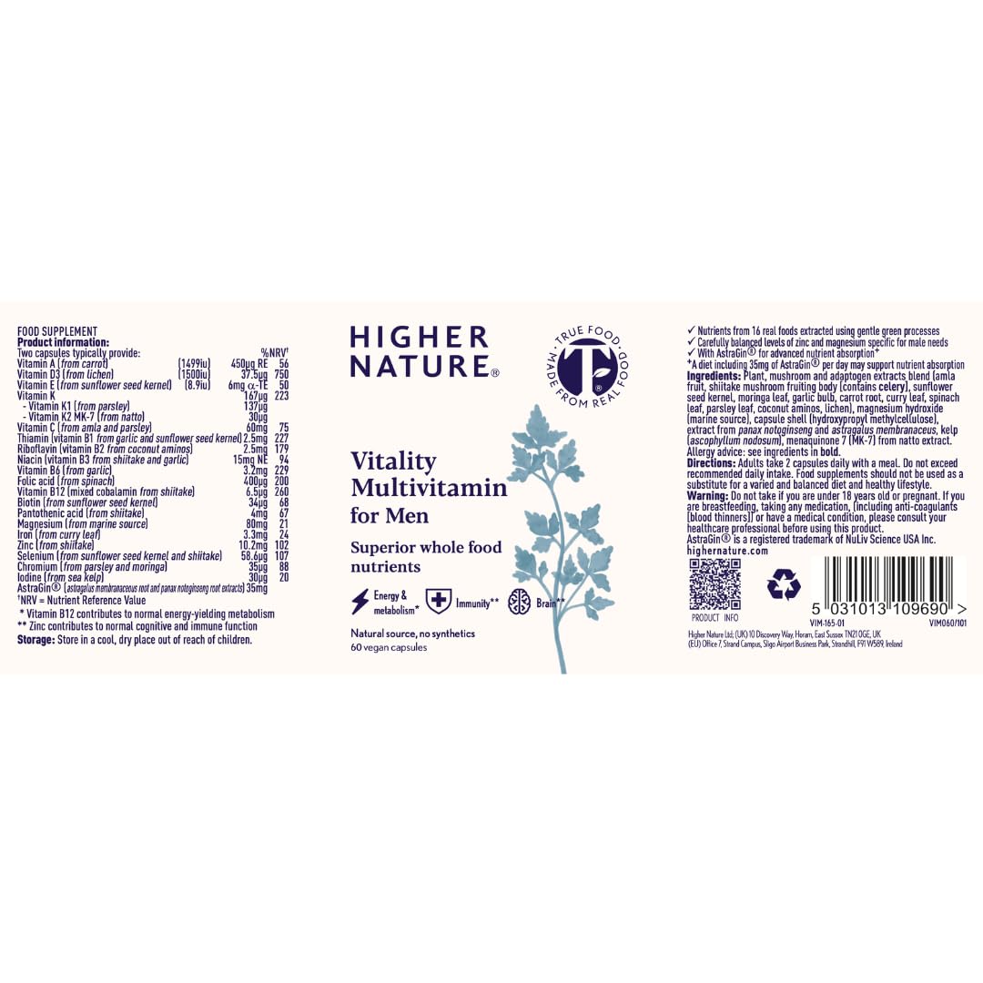 HIGHER NATURE Higher Nature Vitality Multivitamin for Men - True Food® Formula Nutrients from 16 Real Foods - Vegan Multivitamin - One Month Supply of Mens Vitamins - 60 Multi Vitamins Capsules