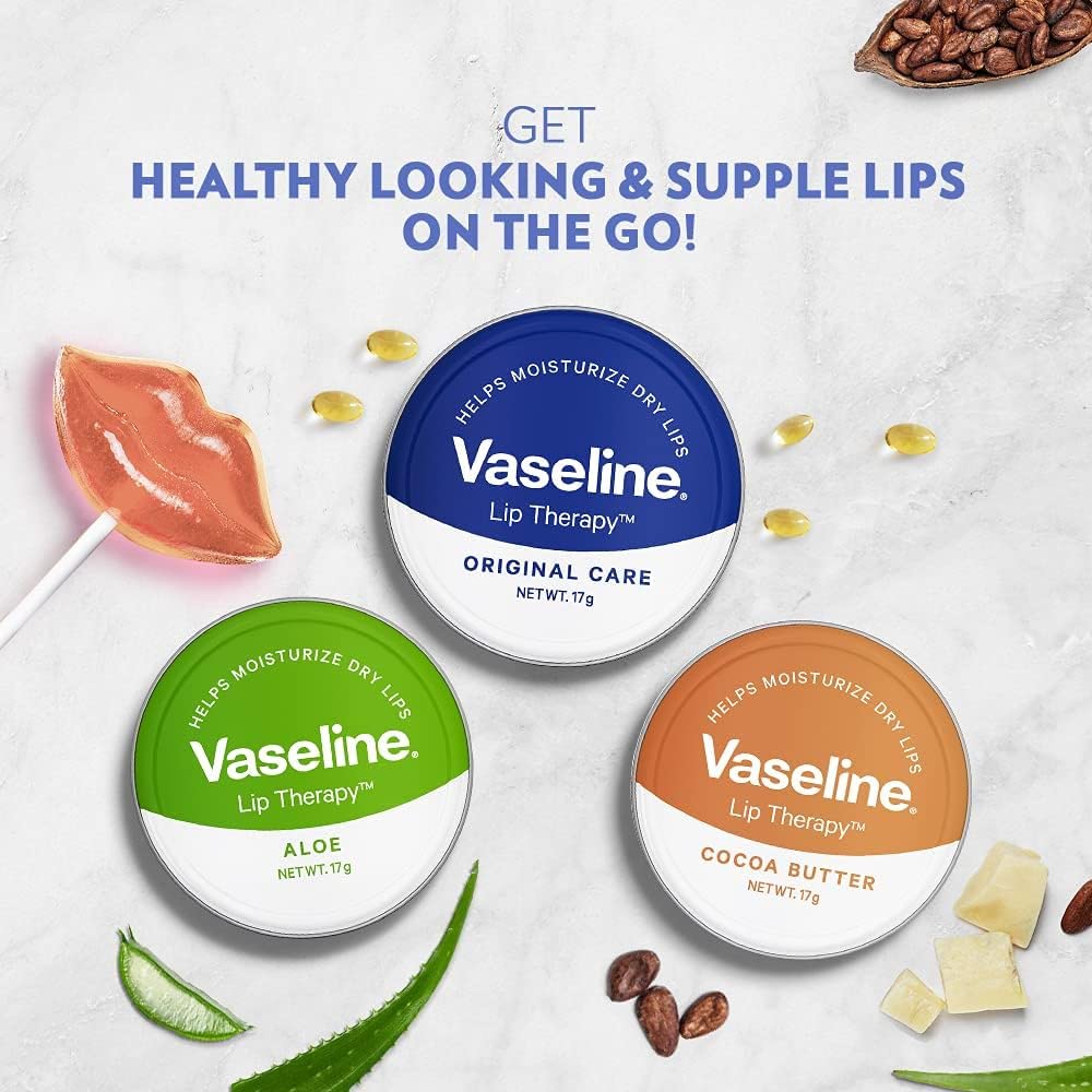 Generic Vaseline Petroleum Jelly Lip Balms - THREE 20g Pocket Size Tins - Aloe Vera, Cocoa Butter, Original, Lip Repair Therapy Protects Dry Cracked