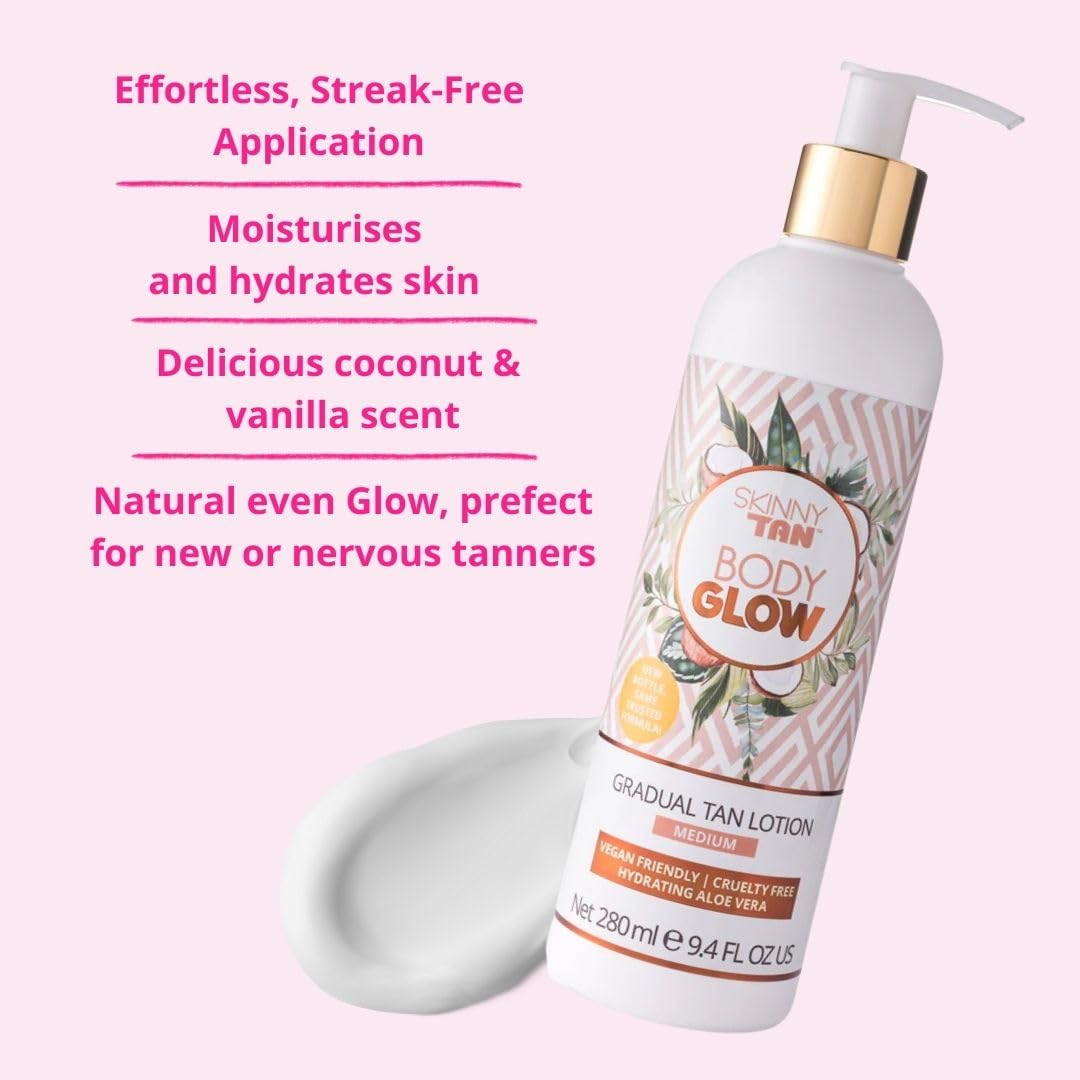 Skinny Tan Body Glow Moisturising Gradual Tan Lotion - Fake Tan Moisturiser, Cruelty-Free, Paraben Free & Vegan Tanning Moisturiser, Body Lotion with Coconut & Vanilla Aroma, 280ml