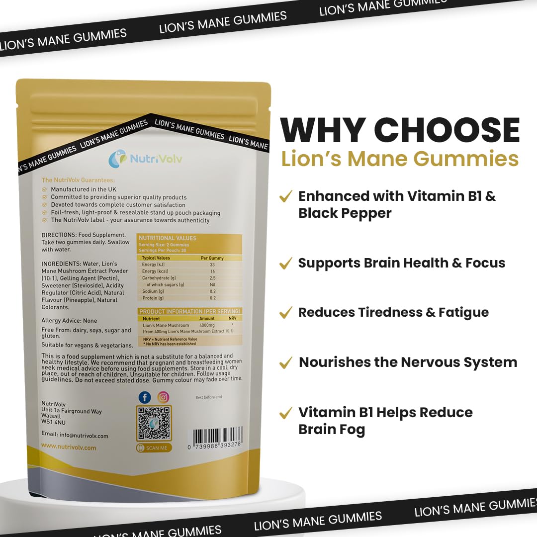 Lions Mane Gummies 4000mg | Super Strength Lion's Mane Supplement | 1 Month Supply | Mushroom Extract | Pineapple Flavour | 60 Vegan Gummies | Sugar Free | Focus, Mental Performance | by NutriVolv