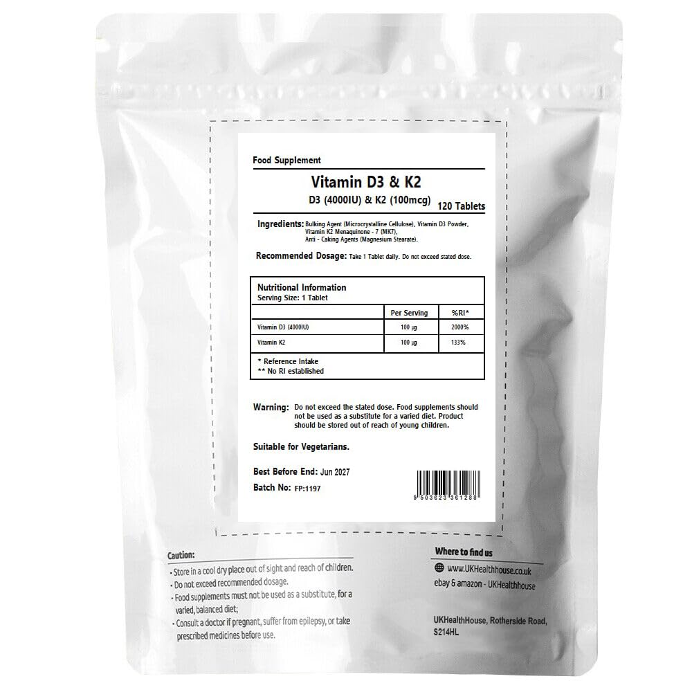 Vitamin D3 4000iu & K2 100ug (MK7) Vitamin D3 K2 Vegetarian Tablets Supports Normal Bones, Muscles, Teeth, Immune System Cholecalciferol Menaquinone-7 (120 tabs)