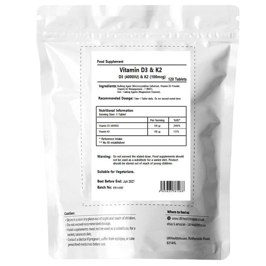Vitamin D3 4000iu & K2 100ug (MK7) Vitamin D3 K2 Vegetarian Tablets Supports Normal Bones, Muscles, Teeth, Immune System Cholecalciferol Menaquinone-7 (120 tabs)