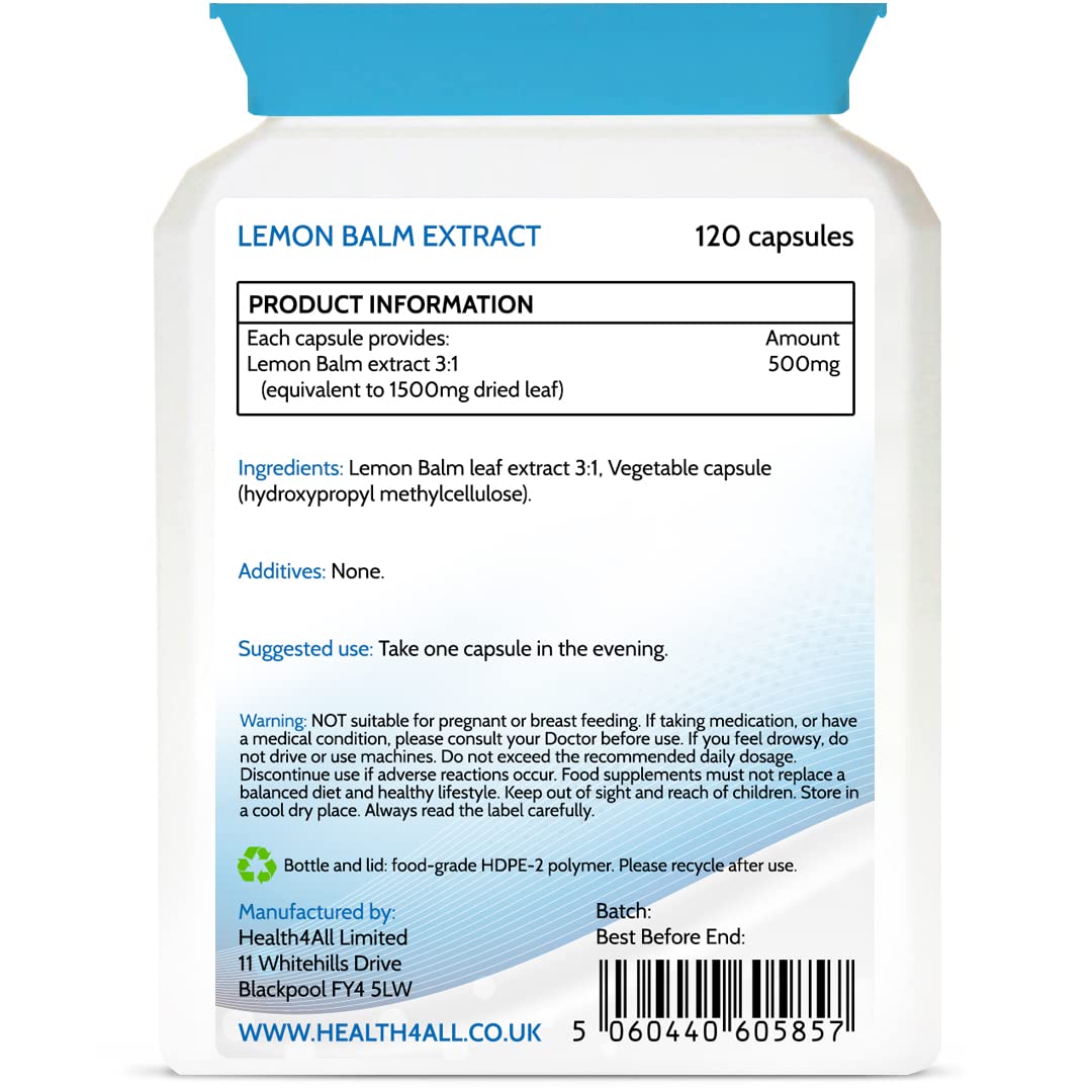 Health4All Lemon Balm Extract 1500mg 120 Capsules Purest: no additives, Vegan Melissa for Anxiety, Stress and Sleep Supplement