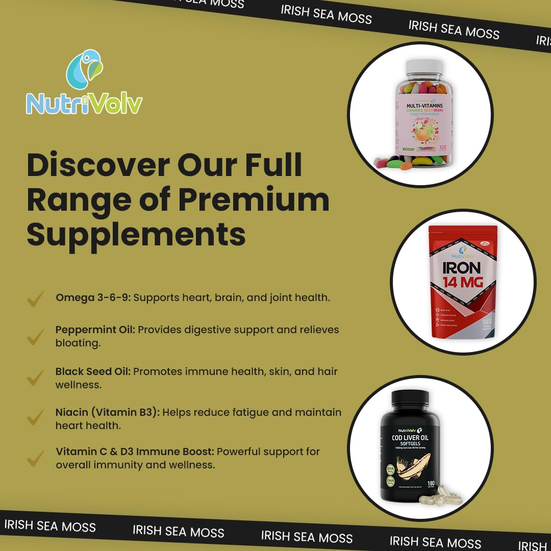 NutriVolv Irish Sea Moss, Bladderwrack & Burdock Root Complex 14,000mg | 120 High Strength Capsules Providing 120 Day Supply | North Atlantic Irish Sea Moss Supplement | No Fillers or Binders | Vegan & UK Made