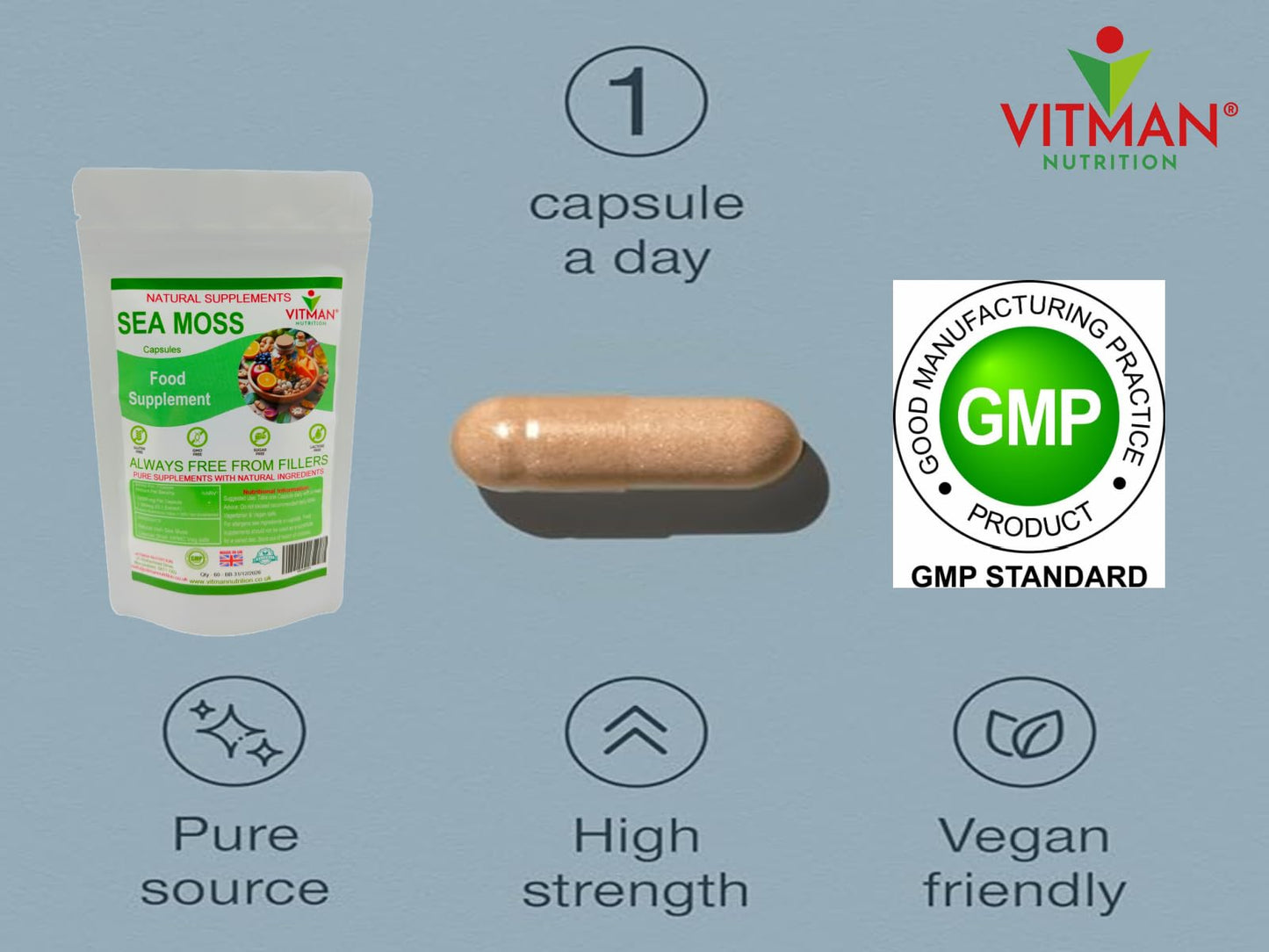 VitMan Nutrition Sea Moss Capsules, 60x Natural Irish Sea Moss Food Supplement, Gluten Free, Sugar Free, GMO Free, Vegan