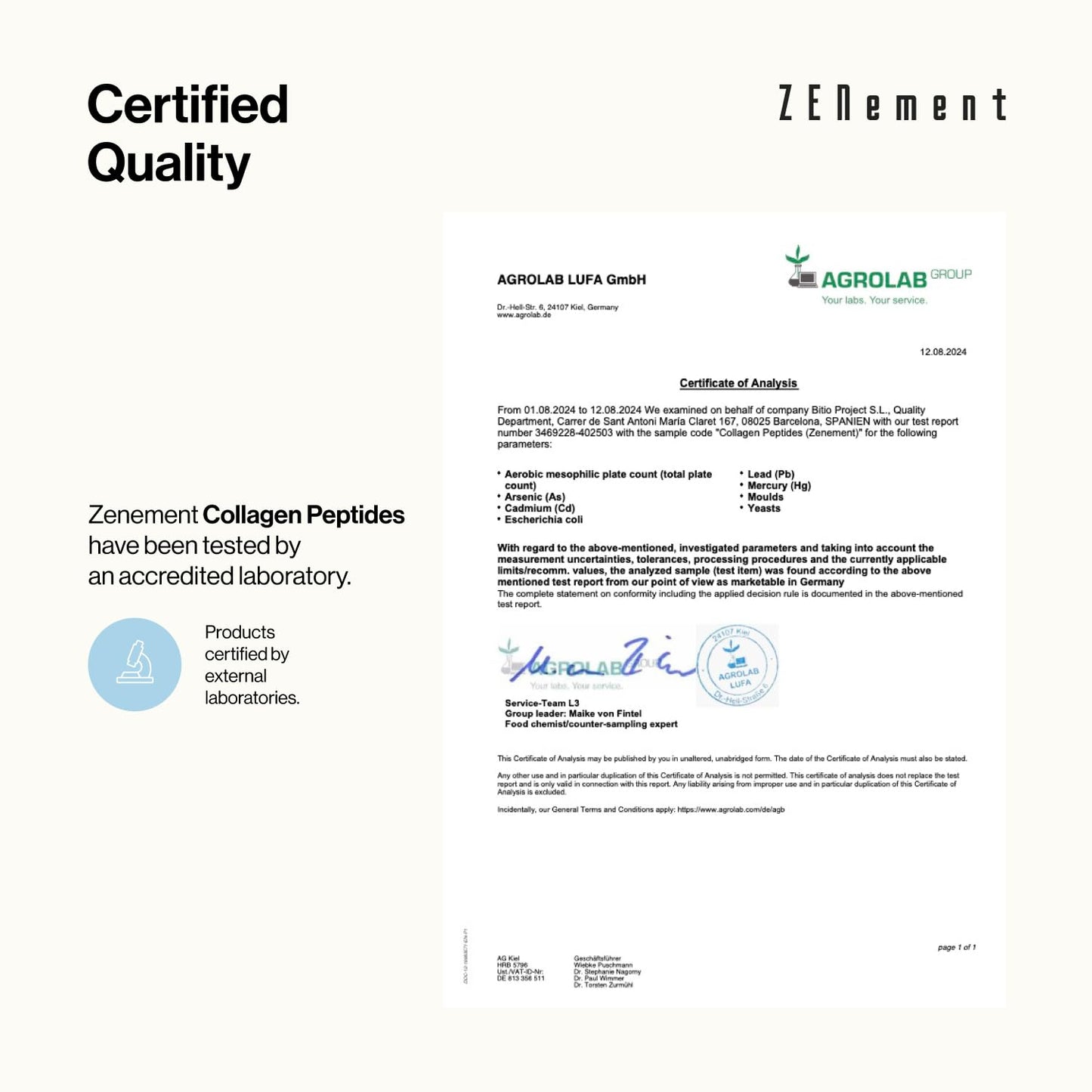 Zenement Collagen Peptides - Hydrolysed Collagen Powder (Type I, III) from Grass-fed Cattle - with Magnesium, Hyaluronic Acid, Zinc, and Vitamin C - Unflavoured - High Solubility - 450g