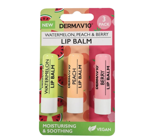 Generic Derma V10 3 Pack Lip Balm Watermelon Peach and Berry Lip Balm Set