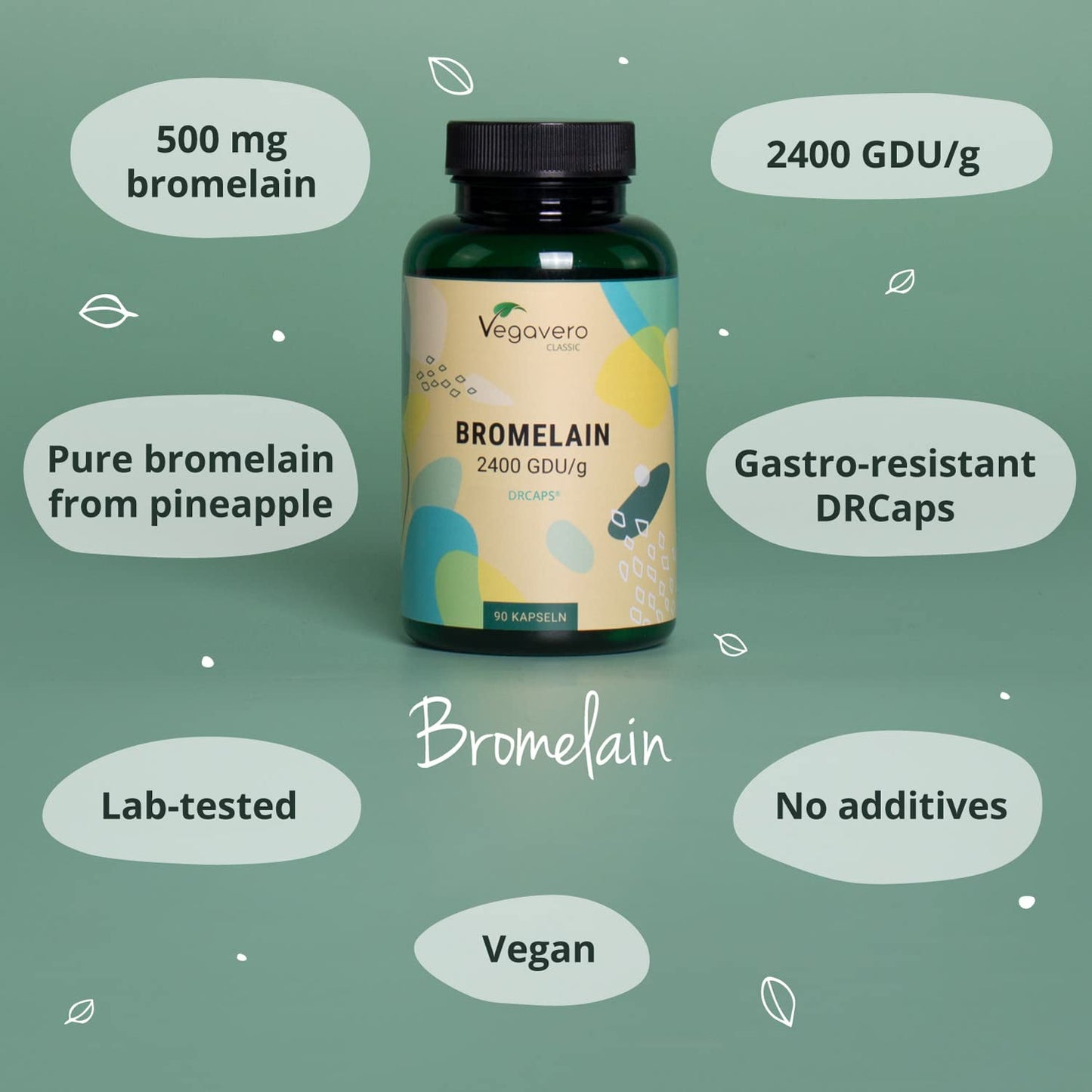 Bromelain 500mg Vegavero® | High Strength - 2400 GDU/g | Gastro-Resistant DrCaps® | NO Additives, Lab-Tested | Pure Pineapple Enzyme | 90 Capsules | Vegan