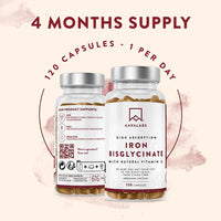 Gentle Iron Supplements for Women and Men - 42 mg Iron Tablets high Strength with Natural Vitamin C - Active Iron bisglycinate - Fatigue Supplements with high bioavailability - 120 Capsules