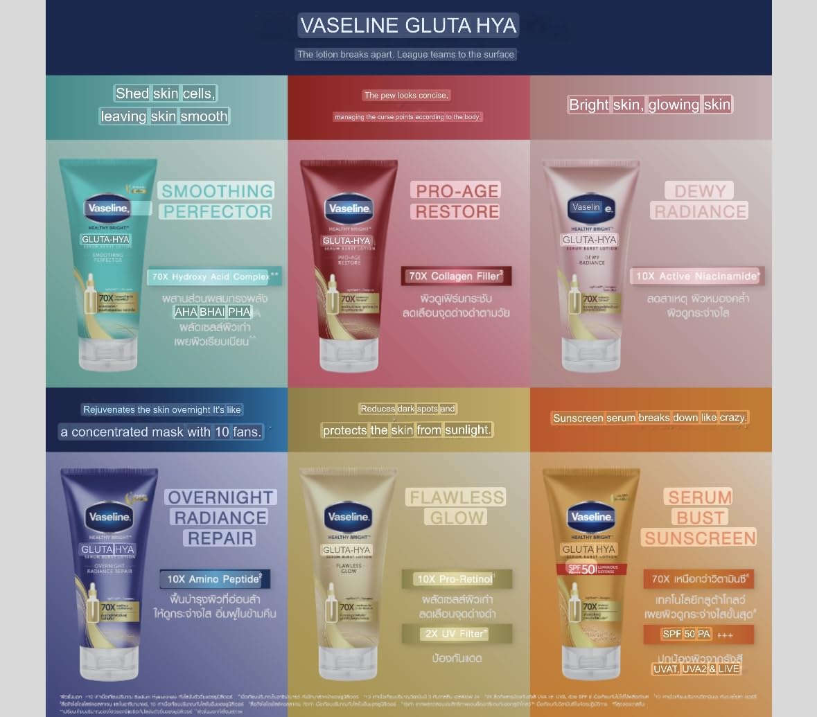 Vaseline Healthy Bright Gluta-Hya Serum Burst Lotion Smoothing Perfector 170 Ml, with AHA + BHA + PHA, Shed Old Skin Cells Reveals Smooth, Glowing Skin From First Use
