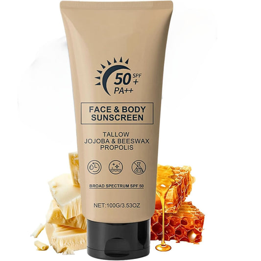 IZBEAUVO Beef Tallow Sunscreen SPF 50+, Organic Sunscreen SPF 50+ Face Moisturiser, Grass Fed Beef Tallow Natural Sunscreens,No White Cast, Non Greasy Formula for Face & Body Dry Sensitive Skin