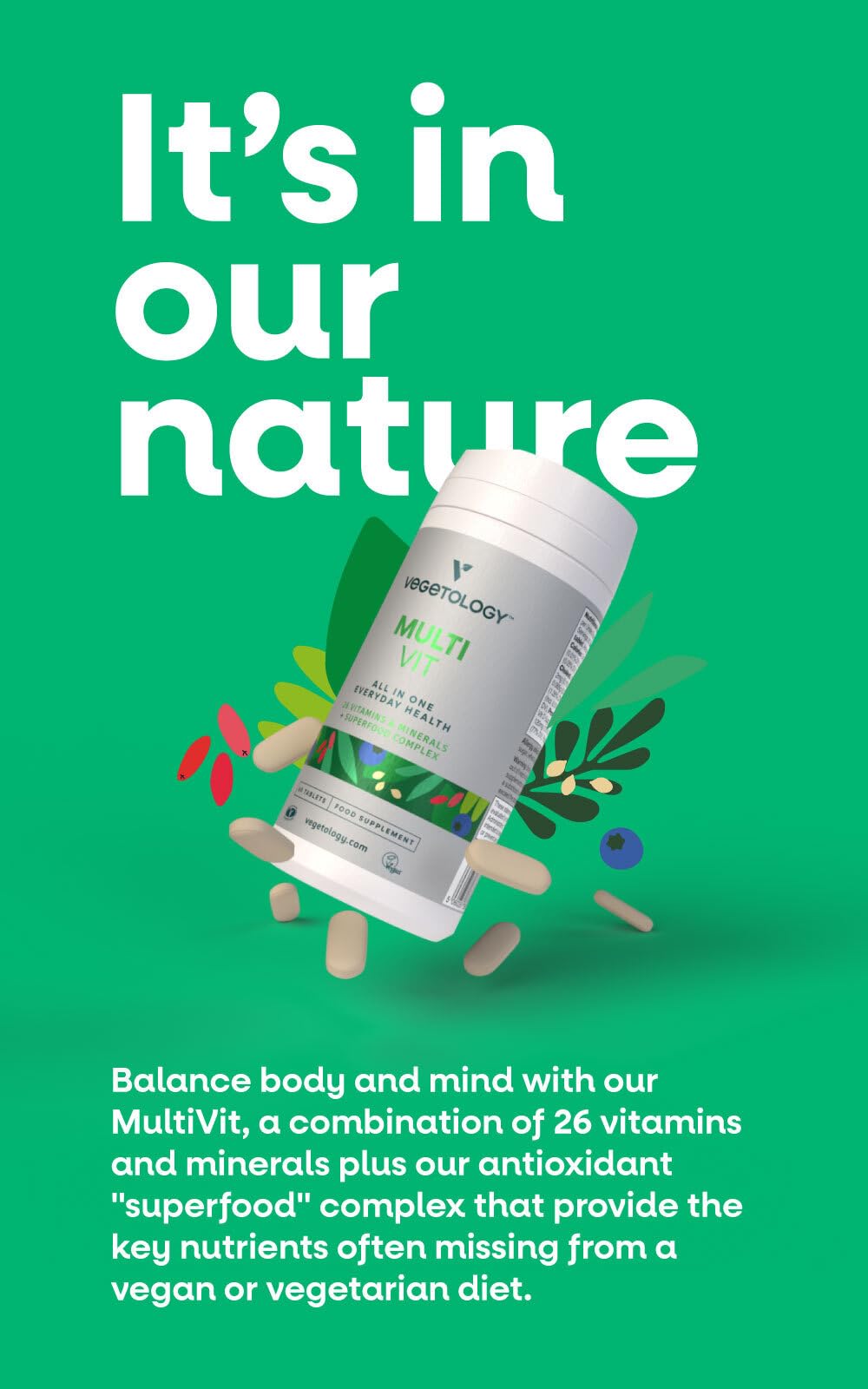 VEGETOLOGY Vegetology MultiVit Vegan Multivitamins w/26 Vitamin & Mineral Supplements – Vitamin Supplements for Metabolic, Brain Function & Immune Support – Multivitamin for Women, Men & Children