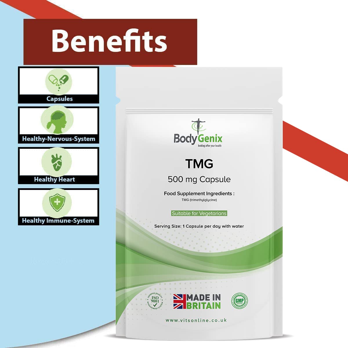 Bodygenix TMG (Trimethylglycine) Capsules - 500mg Antioxidant Digestion Liver Cardiovascular Health Support Vegan Friendly Natural Supplement - 60 Capsules 2 Month Supply