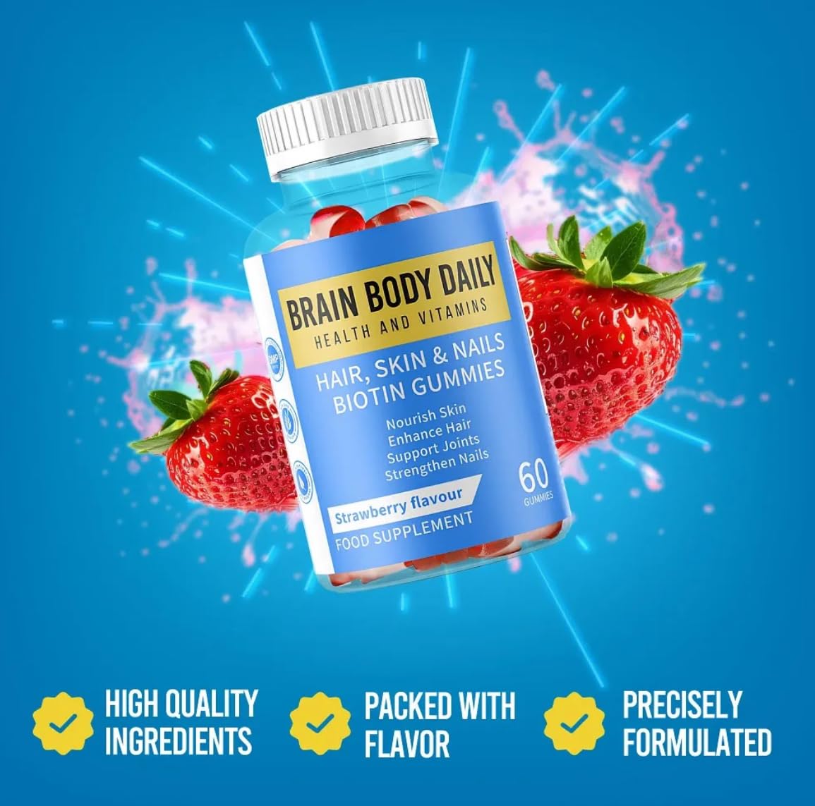 Brain Body Daily Hair, Skin and Nails Vitamin Gummies with Biotin, Vitamin C and E, Collagen - Biotin Gummies for Hair Growth 60 Gummies. Promotes Thicker Hair, Reduces Breakage, Stronger Nails and Glowing Skin.