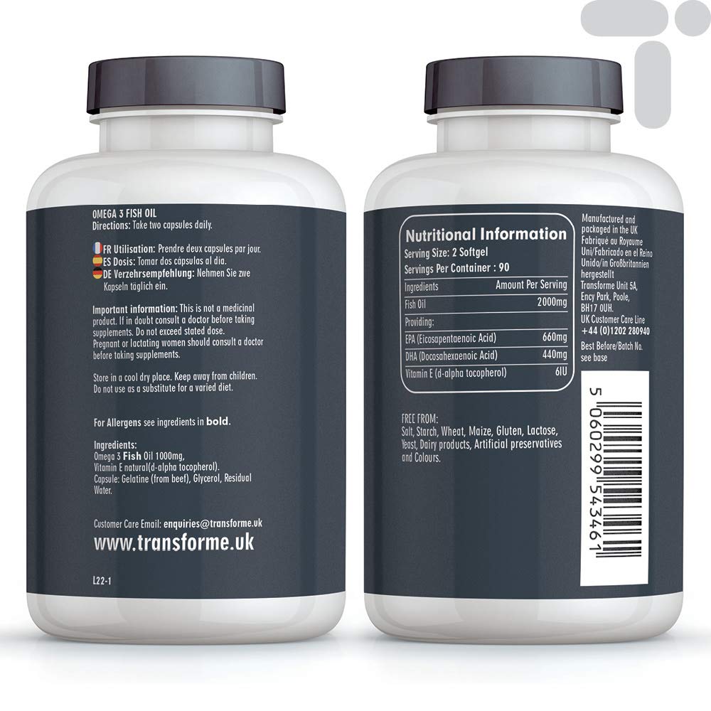 Transforme Omega 3 Fish Oil 2000mg, 2 1000mg Capsules Serving 660mg EPA & 440mg DHA, 3 Months Supply, 180 Omega 3 Capsules High Strength Fish Oil, Supporting Heart, Brain and Eye Health