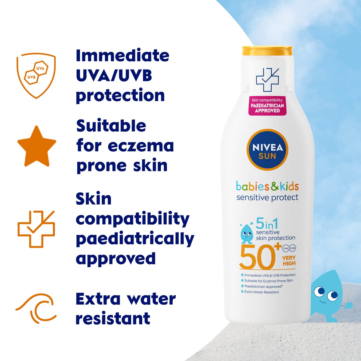 NIVEA SUN Kids Protect & Sensitive Sun Lotion (200ml) Sunscreen with SPF 50+, Kids Suncream for Sensitive Skin, Immediately Protects Against Sun Exposure