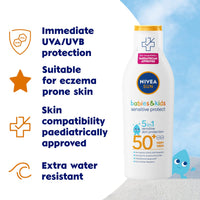 NIVEA SUN Kids Protect & Sensitive Sun Lotion (200ml) Sunscreen with SPF 50+, Kids Suncream for Sensitive Skin, Immediately Protects Against Sun Exposure