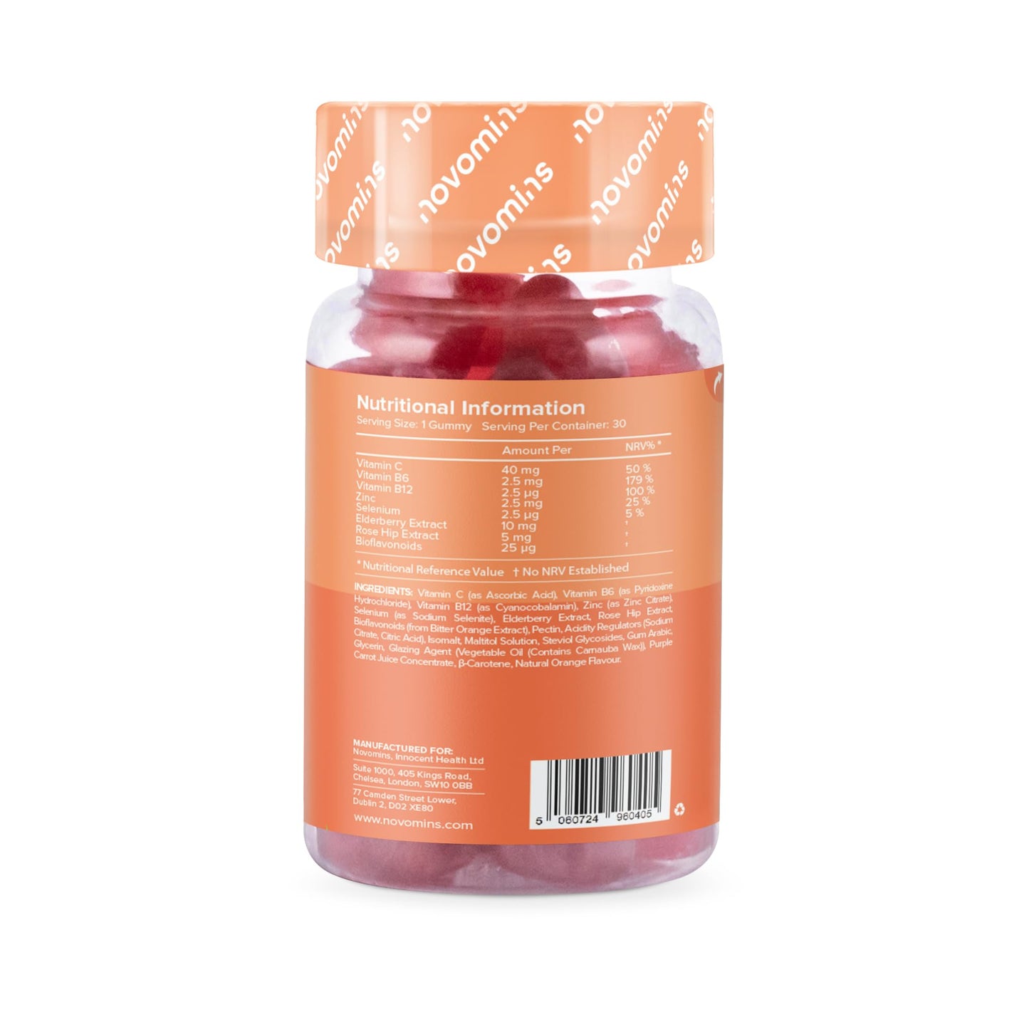 Novomins Kids Vitamin C Gummies - Sugar Free – Chewable Vitamin C for Children – with Added Bioflavonoids, Rose Hip, Elderberry & Zinc - Immune System Support - Vegan- Gluten Free