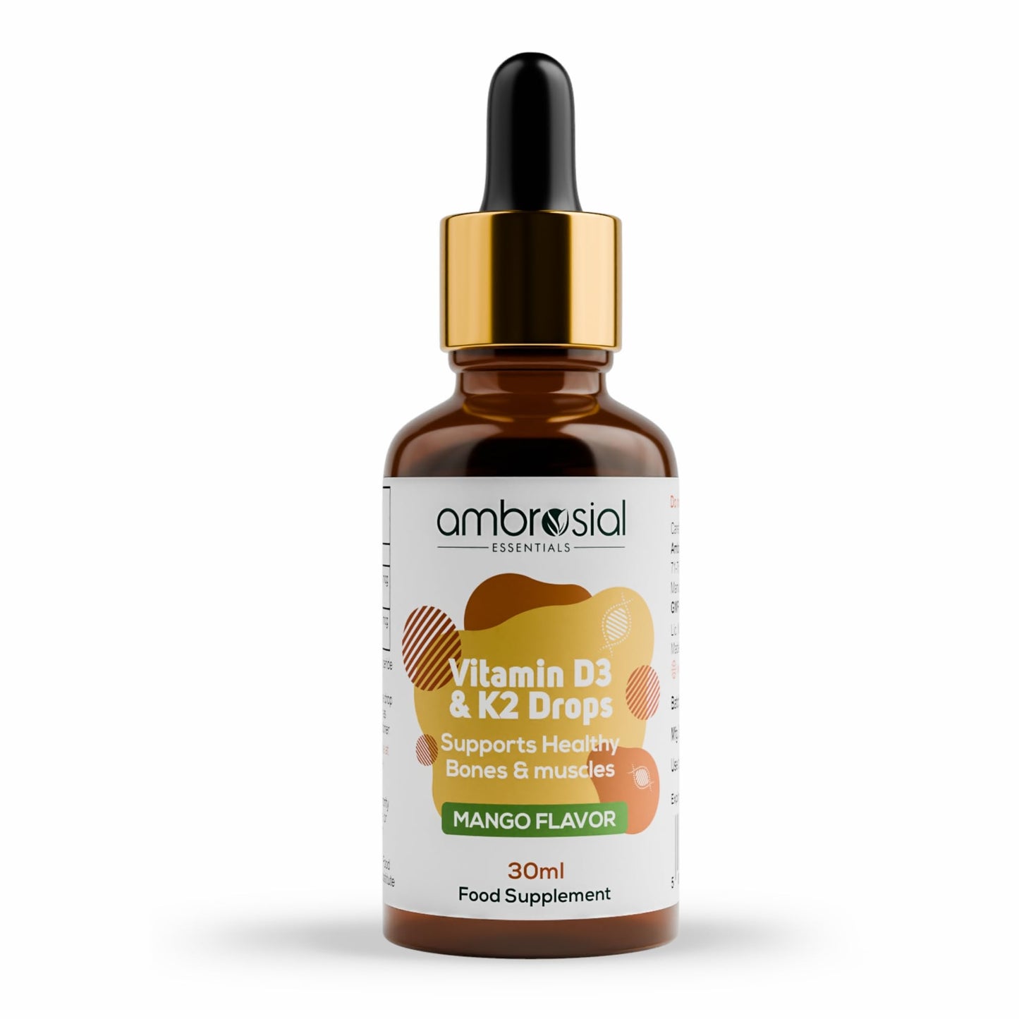 AMBROSIAL Ambrosial Vitamin D3 K2 Drops Liquid Supplement for Adults & Kids | Mango Flavor High Strength Vitamin D Liquid 500 IU & Vitamin K2 50 mcg PER Drop (Pack of 1-30 ml)