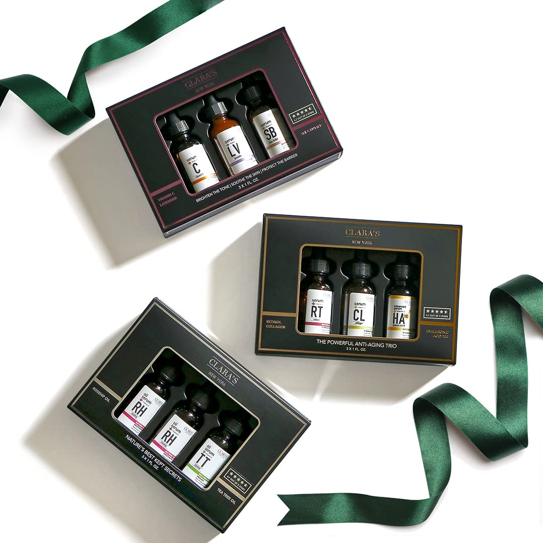 Clara's New York The Powerful Anti-Aging Trio Facial Serum Gift Set, Three Full Size Anti-Aging Face Serums with Retinol Collagen and Hyaluronic Acid 3 x 30ml