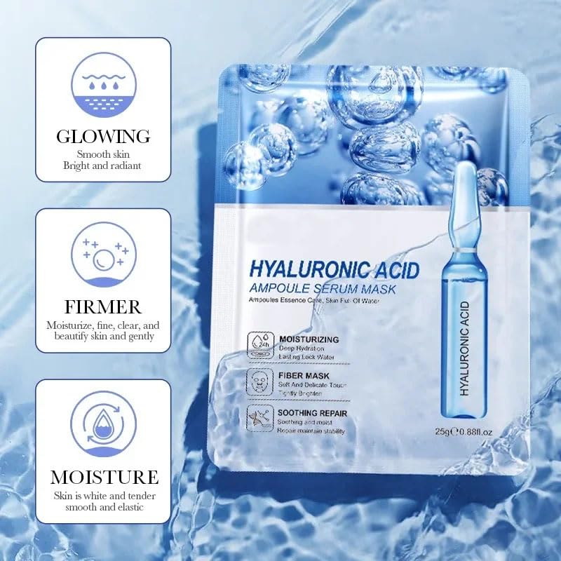 (6 Pack) 24K Gold, Hyaluronic Acid & Vitamin C Face Mask Set - Hydrating, Skin Brightening, Redness Relief, Anti-Aging Ampoule Serum Masks