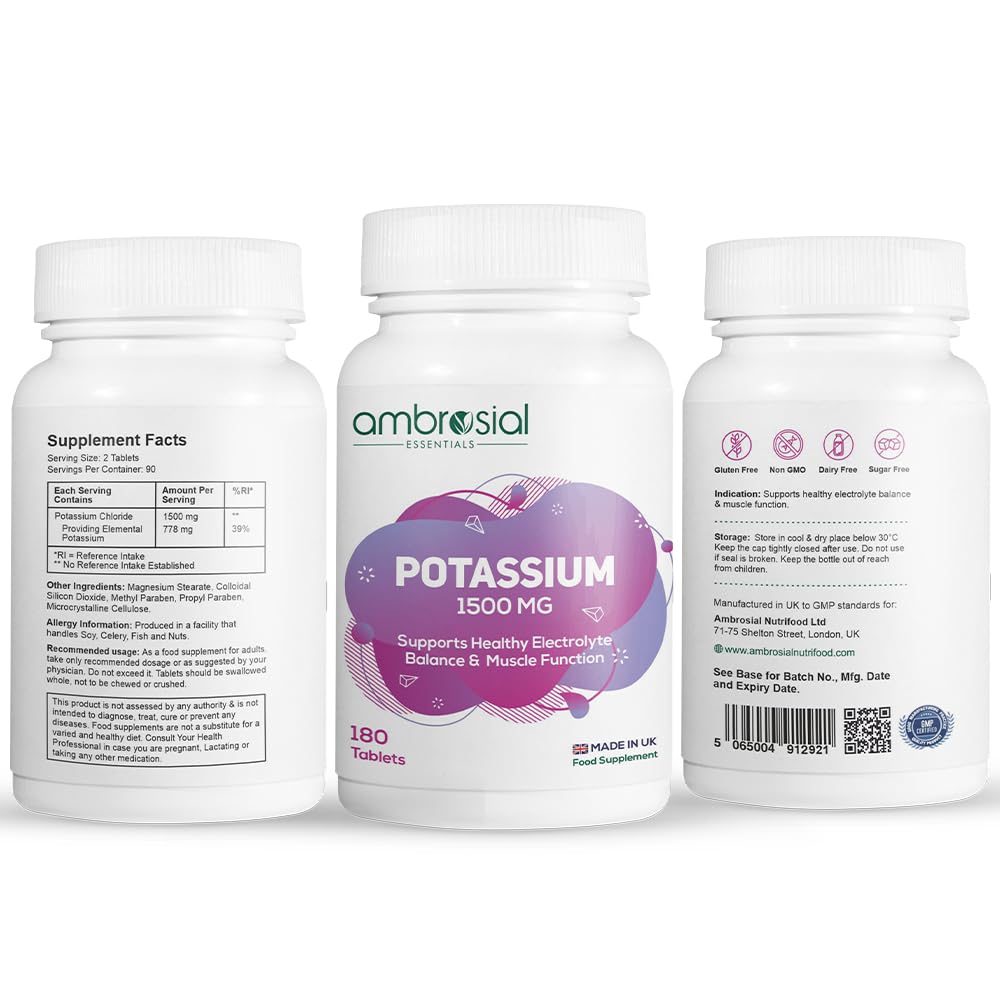 Ambrosial Potassium Chloride 1500mg – High Strength Potassium Supplement | Made in UK | Gluten Free, Non-GMO | 180 Tablets
