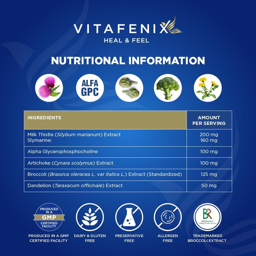 vitafenix Vitafenix Liver Support & Detox Supplement Capsules – High Strength Sulforaphane from Broccoli Sprout Extract, Milk Thistle, Dandelion, Artichoke and Alpha GPC – 60 Vegan Capsules
