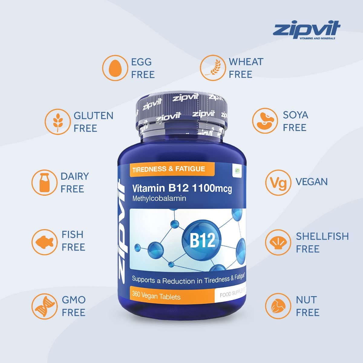 Zipvit Vitamin B12 Tablets High Strength 1100mcg Methylcobalamin, 360 Vegan B12 Tablets (12 Months Supply). Helps with Tiredness and Fatigue. Vegetarian Society Approved B12 Supplement. UK Supplier