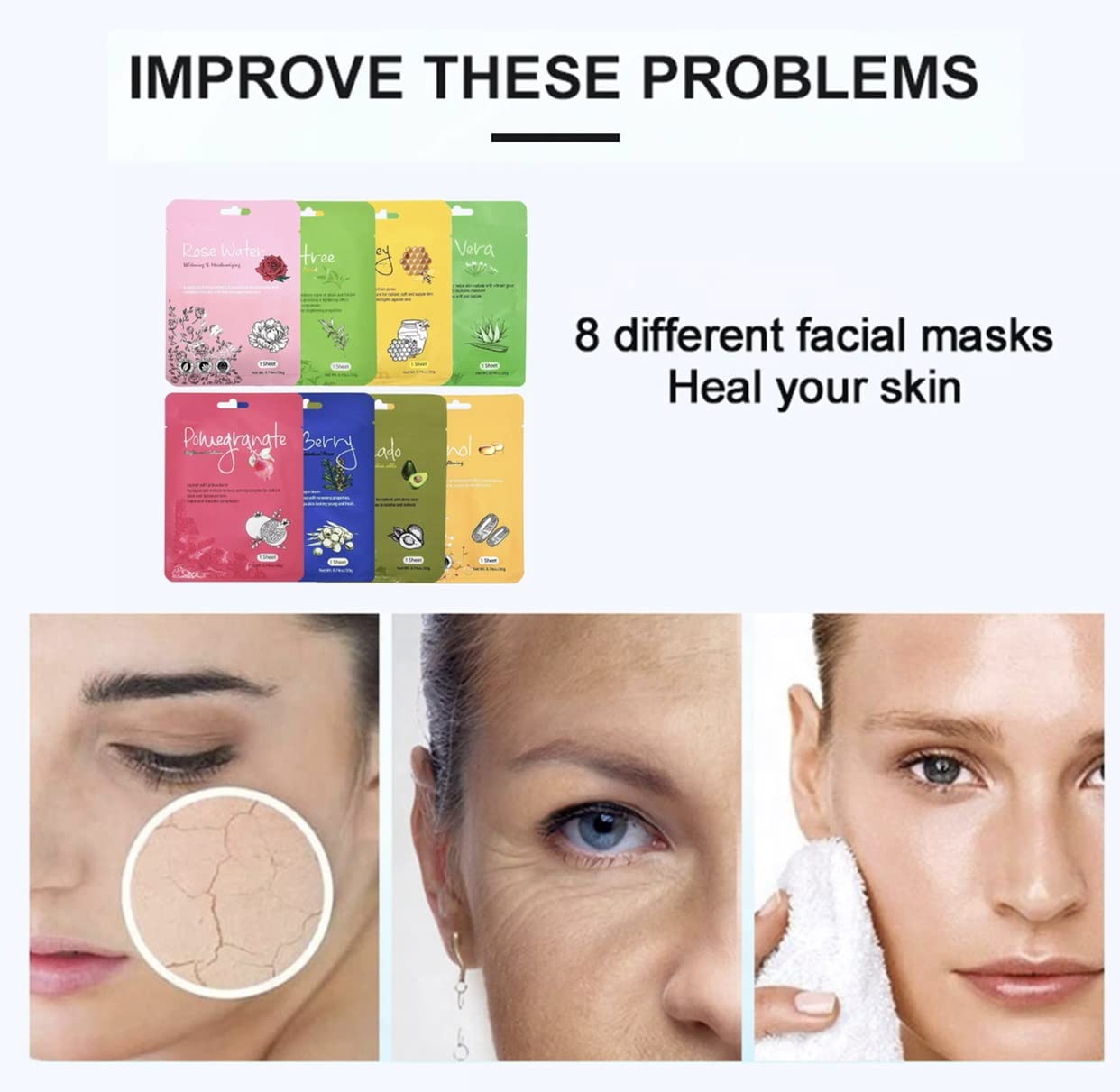 Generic Organic Face Mask,Facial Face Mask,Face Masks Skincare,Collagen Firming Facial Sheet,Face Mask Beauty,Hydrating & Nourishing Masks,Premium Skin Repair Masks For All Skin Types.Mix of 8