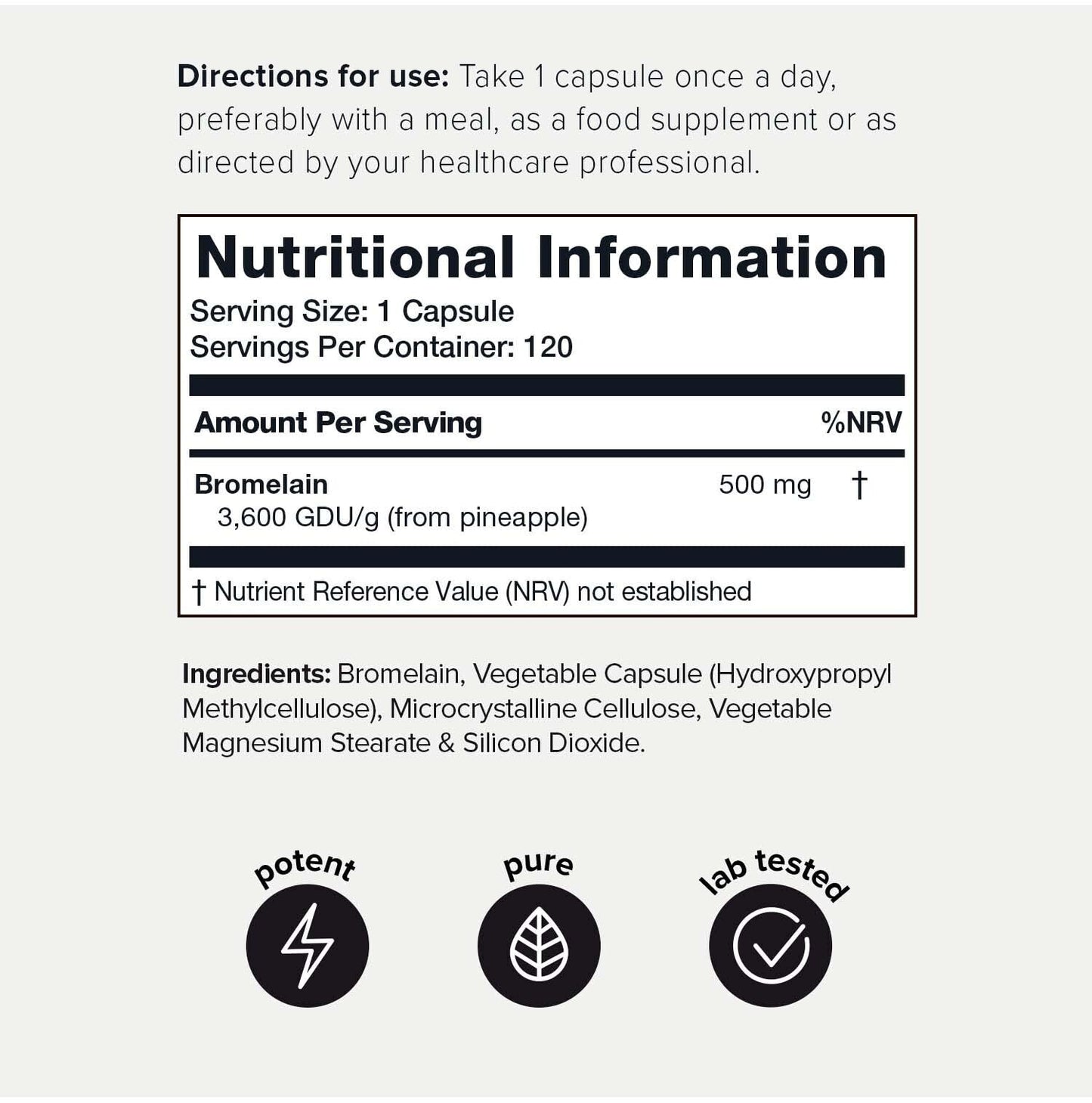 Ultra High Strength Non-GMO Bromelain Capsules - 3600 GDU/Gram - Highly Concentrated and Bioavailable - 500mg Formula - 120 Veggie Capsules