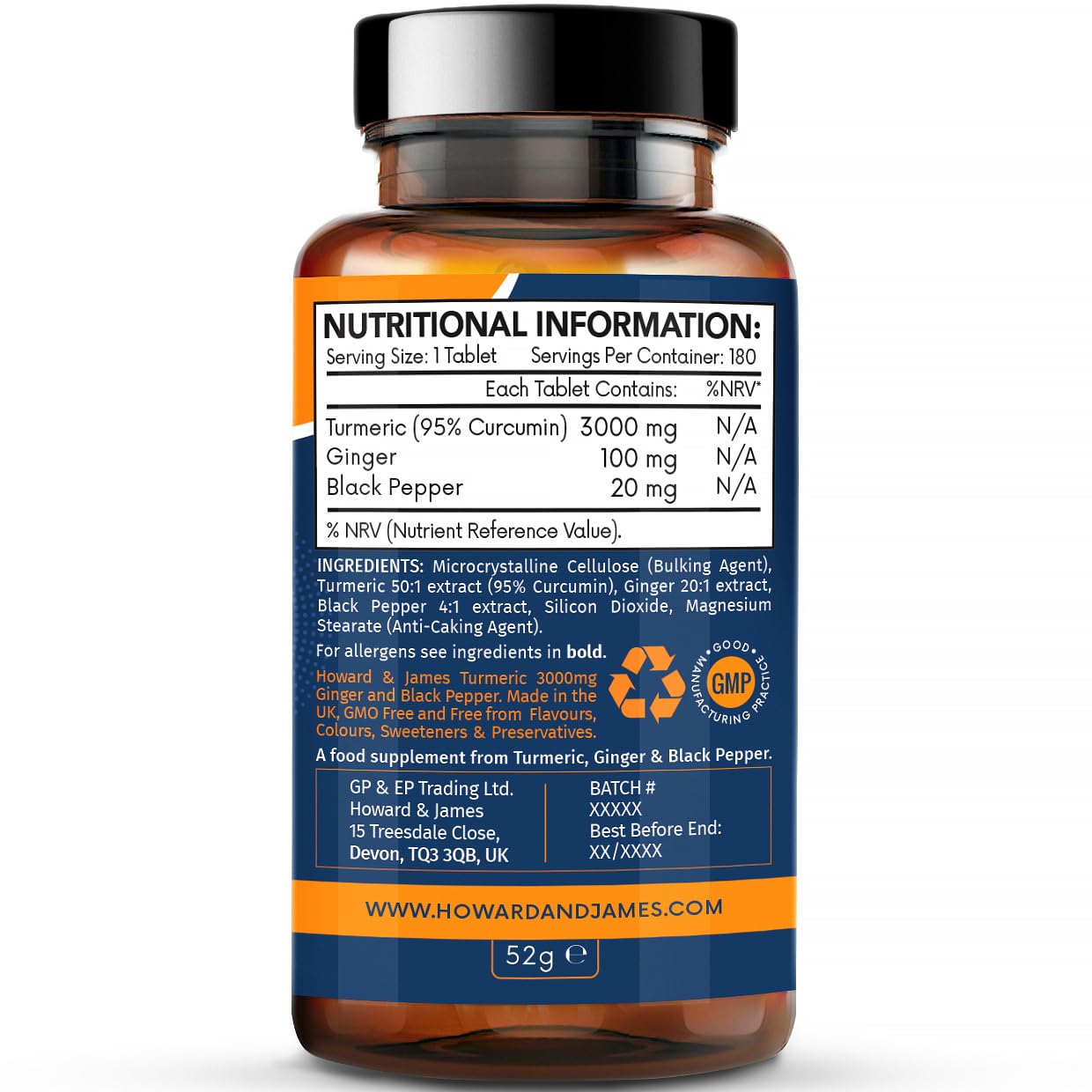 Turmeric 3000mg High Strength Supplement with Black Pepper and Ginger - 180 Vegan Tablets (Not Capsules) - Turmeric with Active Ingredient Curcumin - Made in The UK by Howard & James