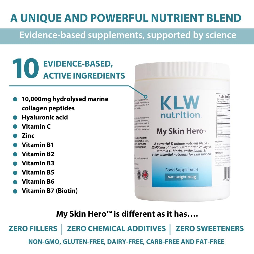 KLW Nutrition Marine Collagen Powder 10,000mg - with Vitamin C, Zinc, Biotin, Hyaluronic Acid - No fillers, sweeteners or additives - Healthy Skin & Joints - Formulated by an Award-Winning Nutritionist