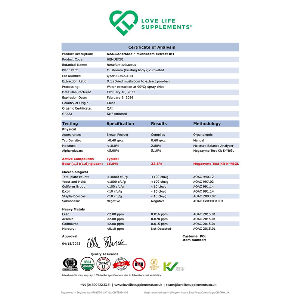 LOVE LIFE SUPPLEMENTS Lions Mane Supplement High Strength - Premium Organic 8:1 Mushroom Extract from Fruiting Body - 120 Capsules, 60 Day Supply - No Fillers