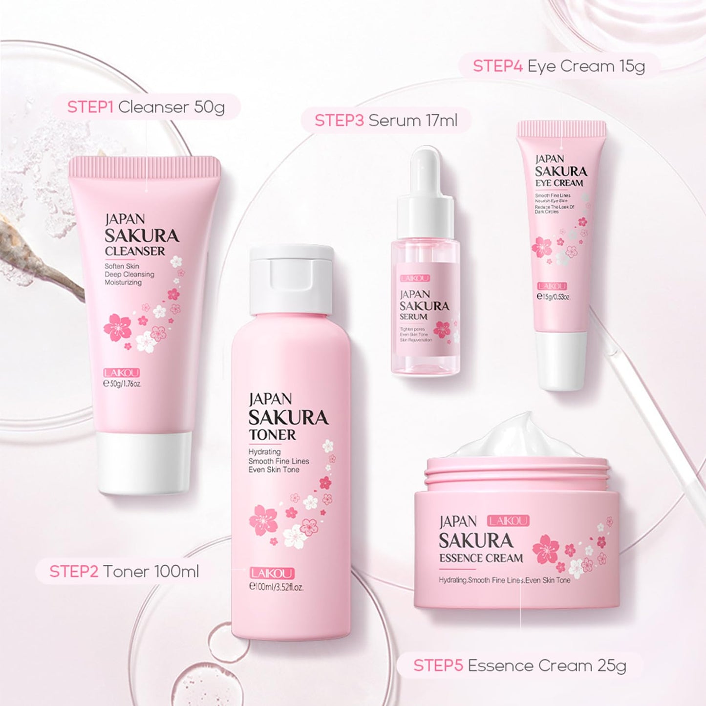 ChicNana SkinCare Set, JAPAN Sakura Skin Care Sets & Kits, Cleanser, Toner, Serum, Eye Cream, Face Cream, Skin Care Gift Set, Hair Care Gift Set for Teenage Girls(5pcs)