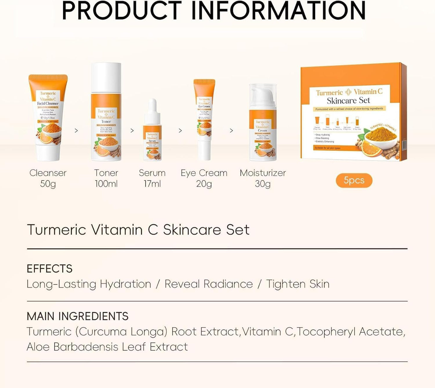 Vawolecy Turmeric Skin Care Gift Set - Even Tone with Vitamin C, 5 In 1 Women Skincare Gift Set Including Face Cleanser Toner Serum Eye Cream and Face Moisturizer