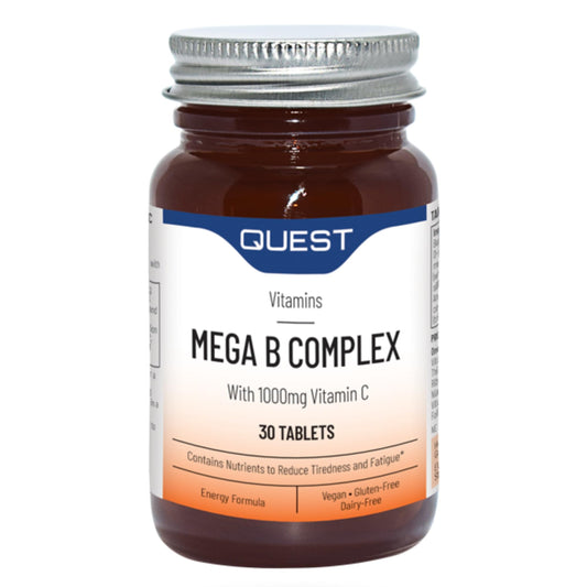 Quest Mega Vitamin B Complex Tablets. High Strength Vitamin B1-B2-B3-B6-B12, Biotin & C Supports Energy Production, Stress Response, Immune System & Brain Function. 2 Month Supply. (60 Capsules)