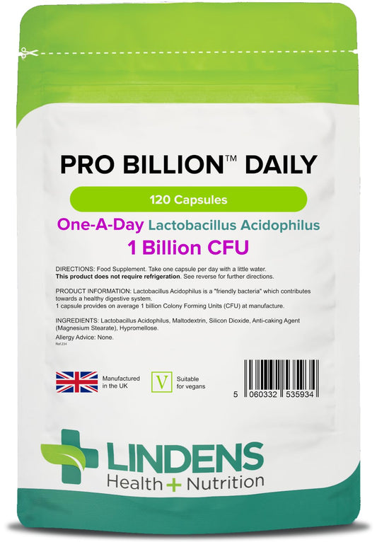 Lindens Pro Billion Daily - Acidophilus Lactobacillus - 120 Capsules - 1 Billion CFU Friendly Bacteria - Supports Digestive Health - UK Made - Vegan Friendly - GMP & Letterbox Friendly