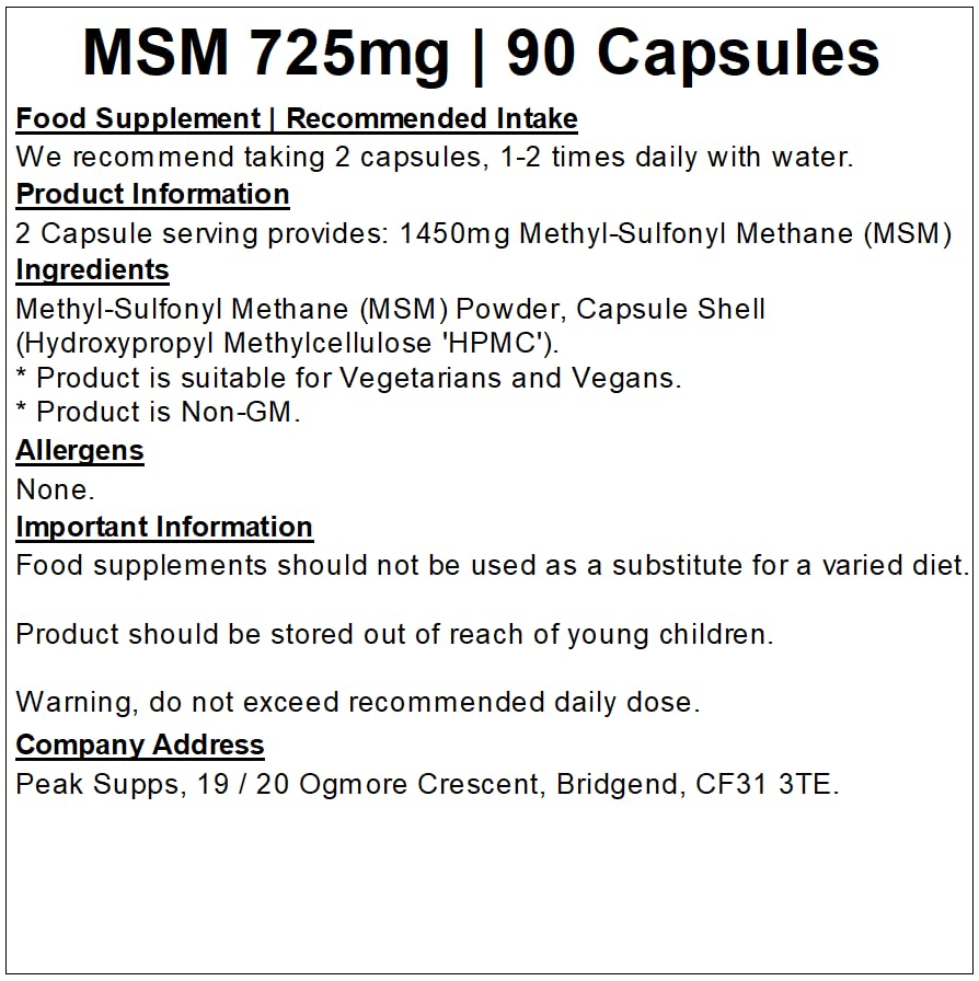Peak Supps MSM Capsules 725mg Capsules | Pure | Vegan (90 Capsules)