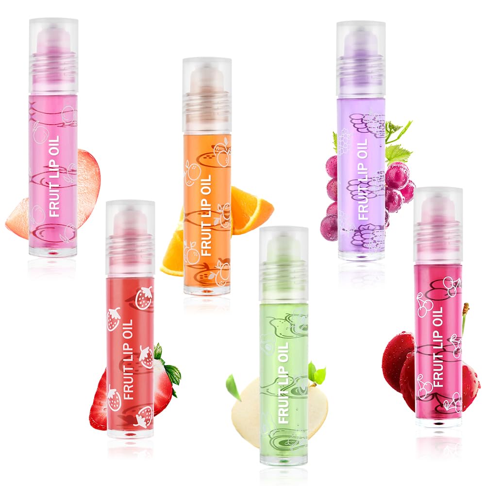 AOOWU 6 Pcs Hydrating Lip Oil Set, Fruit-Flavored Plumping Lip Oil, Long Lasting Lip Glow Balm Lip Care, Transparent Moisturizing No-Sticky Lip Gloss(Peaches,Orange,Avocado,Strawberry,Grape,Cherry)8ML