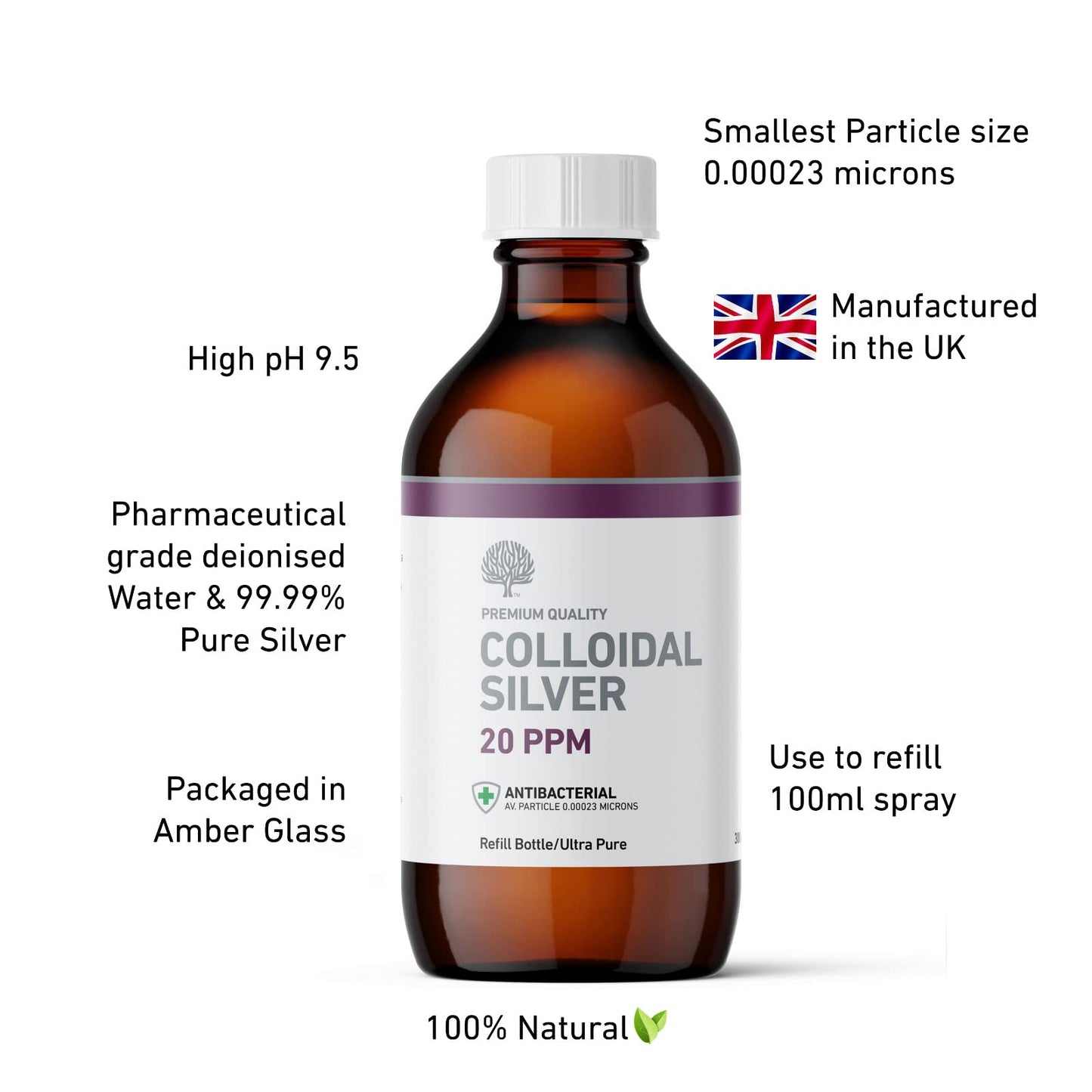 Natures Greatest Secret Nature's Greatest Secret Premium Quality Antibacterial 20ppm Colloidal Silver Bottle 300ml