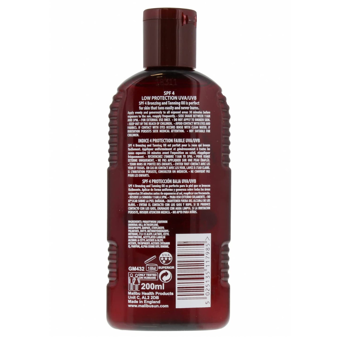 Malibu Sun SPF 4 Bronzing Tanning Oil, Water Resistant, Coconut Scented, 200ml