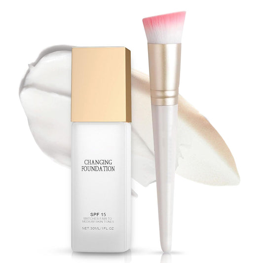 BloomBelle Colour Changing Mature Skin Foundation with Brush, Colour Changing Foundation Full Coverage, Tinted Sunscreen SPF15, Liquid Makeup Base, One Step Concealer Cream, Matches Fair To Medium Tones
