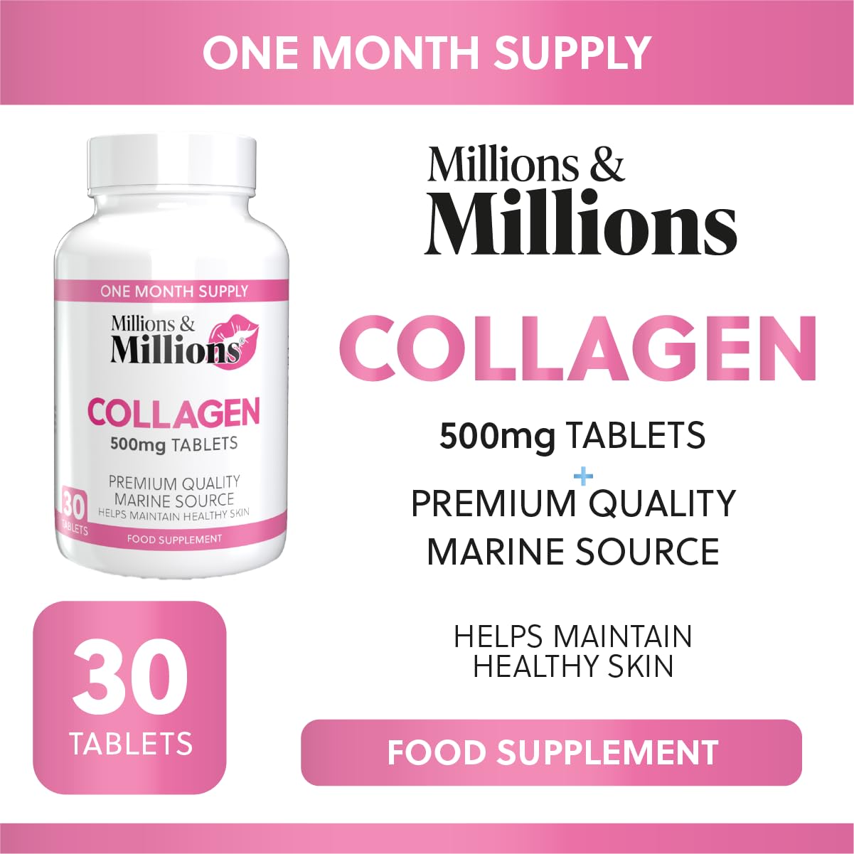 Millions & Millions - Marine Collagen 500mg + Vitamin C 12mg • Premium Quality • Supports Collagen Formation + Normal Skin Function • 30 Tablets • 1 Month Supply