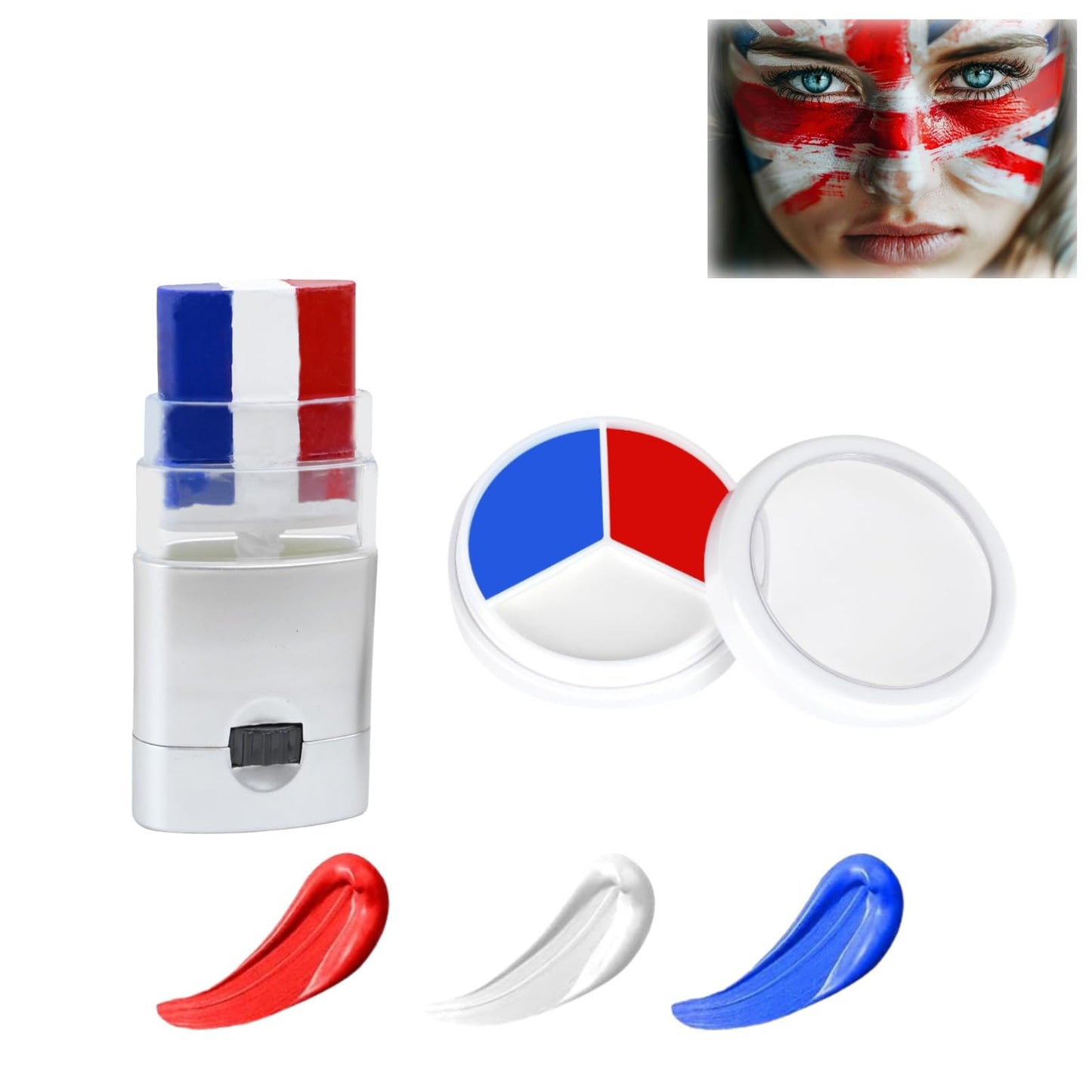 SHEBEEDO 2PCS 3 In 1 Face Body Paint Set, Red Blue White 3 Colors Face Paint Wheel and Stick for SFX Effects Makeup Face Painting Kit, Non Toxic Body Paint for Vampire Halloween Clown Football Fans