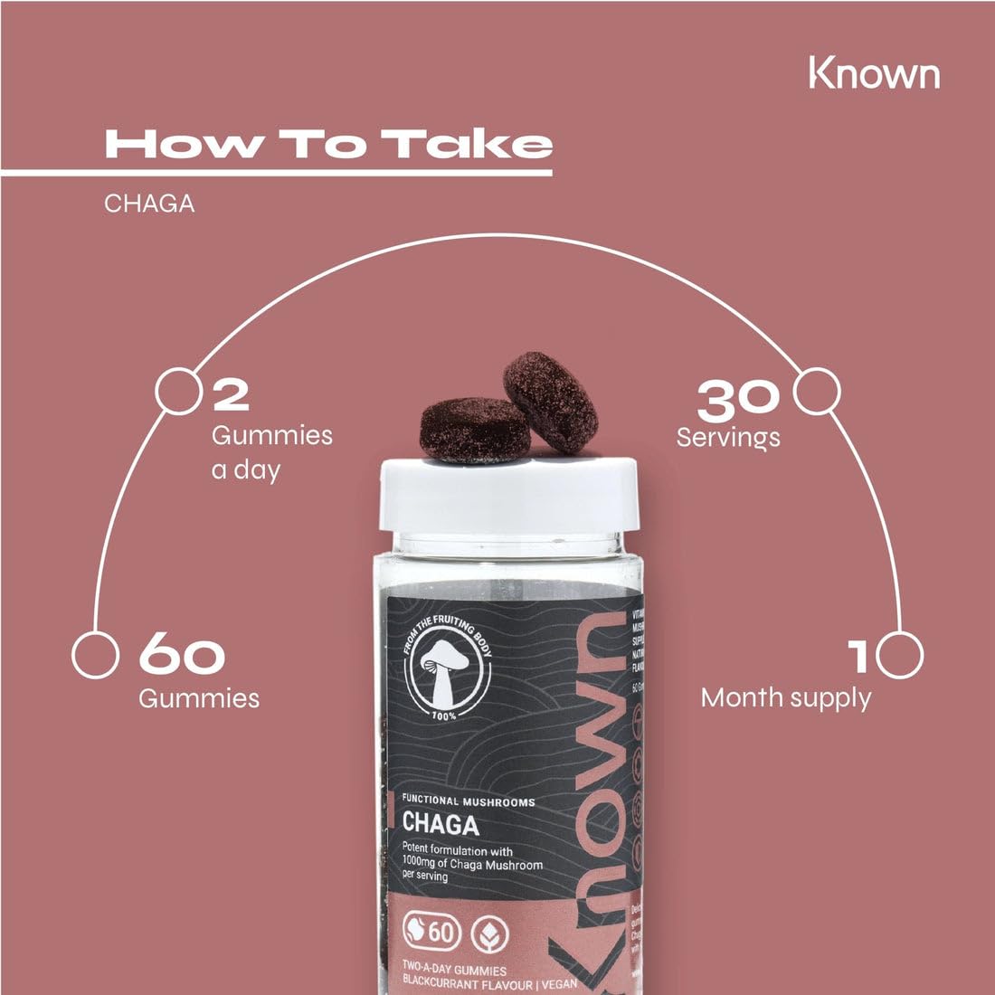 Chaga 1000mg Mushroom Gummies by Known Nutrition | Natural Antioxidant Support for Immune System | Delicious Natural Blackcurrant Flavour | 60 Two-a-Day Vegan Gummies (One Month’s Supply)